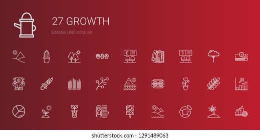 growth icons set. Collection of growth with pie chart, pyramid, sale, bar chart, sprout, chart, plant, vision, branch, rising, dollar, bank. Editable and scalable growth icons.