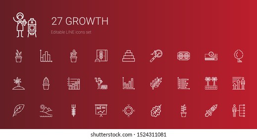 growth icons set. Collection of growth with plant, oak leaf, pie chart, statistics, wheat, pyramid, leaf, bar chart, branch, wood, cactus. Editable and scalable growth icons.