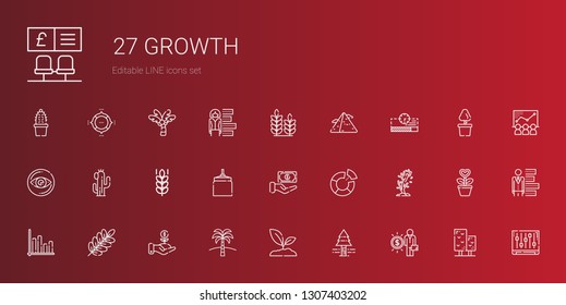 growth icons set. Collection of growth with salary, pine tree, sprout, palm tree, investment, branch, bar chart, tree, pie chart, cash, oat. Editable and scalable growth icons.