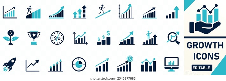 Growth icons set Containing performance, gain, improvement, grow, chart, Solid flat vector icon collection.