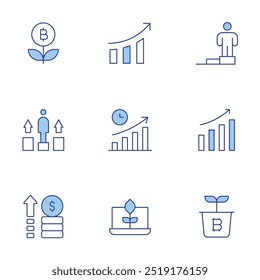 Growth icons set. Line Duotone style, editable stroke. growth, grow up, growth graph, organic, time to market, bar chart, revenue.