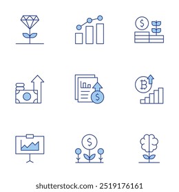 Growth icons set. Line Duotone style, editable stroke. growth, money, presentation, report, benefits, excellence, growing knowledge, investment.