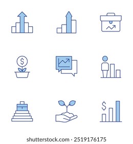 Growth icons set. Line Duotone style, editable stroke. business, graphs, bars graphic, planting, rise, person, growth.