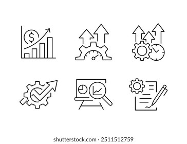 Wachstumssymbole festgelegt. Steigende Symbole, wachsen, steigern, erhöhen. Vektorgrafik. Diagramm des finanziellen Gewinns. Ergebnisdokumente überprüfen. Analytics-Zeilensymbole. Berichte, Diagramme und Grafiken. Datenstatistikzeile.