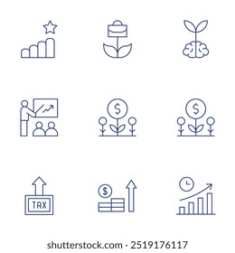 Conjunto de iconos de crecimiento. Estilo de línea delgada, estilo editable. crecimiento, inversión, crecimiento de dinero, pasos, impuestos, tiempo de comercialización, capacitación.