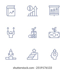 Wachstumssymbole festgelegt. Stil der dünnen Linie, bearbeitbarer Strich. Wachstumsdiagramm, Investitionen, Geldwachstum, Wachstum, Treppen, Buch, Entwicklung, Start-up.