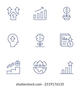Conjunto de iconos de crecimiento. Estilo de línea delgada, trazo editable. gráfico, beneficio, progreso, arriba, informe, crecimiento, creciente conocimiento, crecer.