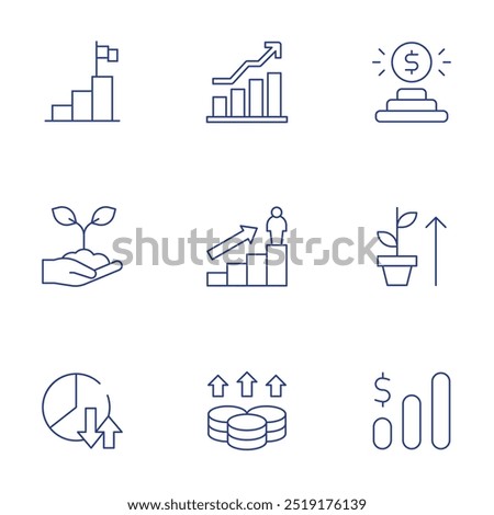 Growth icons set. Thin Line style, editable stroke. goal, planting, profits, promotion, revenue, growth, grow up, graph.