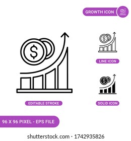 Growth icons set vector illustration with solid icon line style. Market increase sale concept. Editable stroke icon on isolated background for web design, infographic and UI mobile app.