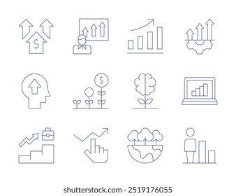 Growth icons. Thin Line style, editable stroke. graph, growth, profit, improvement, laptop, person, progress, up, growing knowledge, grow.