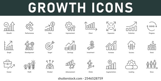 Ícones de crescimento ilustração de vetor com linha fina editável traço contendo melhoria de desempenho gráfico progresso evolução meta de desenvolvimento sucesso lucro carreira mentalidade crescer