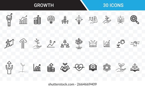 Growth icons vector set with transparent background for success, development, and progress. Includes business, personal, and financial growth symbols.