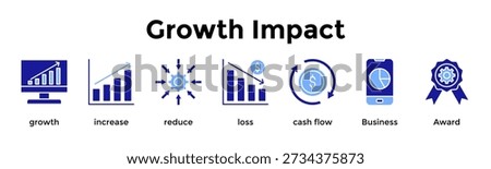 Growth Impact Icon Set. Containing Growth, Increase, Reduce, Loss, Cash Flow, Business, Award