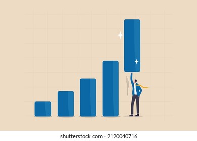 Growth or improvement, increase sales or revenue raising, growing business or develop marketing plan to help gain more profit concept, confident businessman help lift up bar graph to new high level.