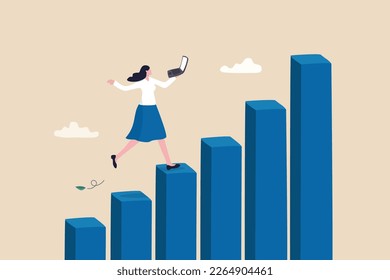 Growth or improvement, progress on career path to achieve business goal, motivation to success, step to skill development concept, businesswoman working on laptop walk up growing graph and chart.