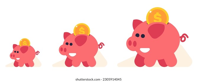 Growth of income. Piggy bank. Savings increase. Successful investment. Gold dollar coins. Value growing. Pink pig for money. Financial banking deposit. Business progress