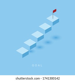 Growth Or Increase Design Concept. Cube Block Staircase Moving Step Growing Up To Target. Success Achievement Or Goal Business Motivation. Infographic Elements 3d Isometric Vector Illustration