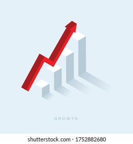 Growth or increase design concept. Graph bar growing up and red arrow moving up. Success achievement or goal business motivation. Infographic elements 3d dimension isometric vector illustration