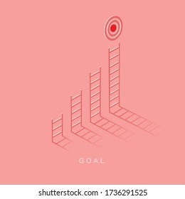 Growth or increase design concept. Ladder step as staircase growing up to target aiming. Success achievement or goal business motivation. Infographic elements 3d isometric vector illustration