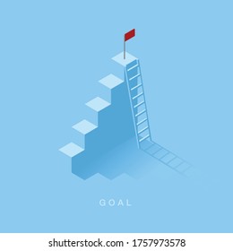 Growth or increase design concept. Step as staircase growing up to target and ladder simple. Success achievement or goal business motivation. Infographic elements vector illustration