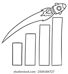 growth or increase graph icon with rocket illustration hand drawn outline vector
