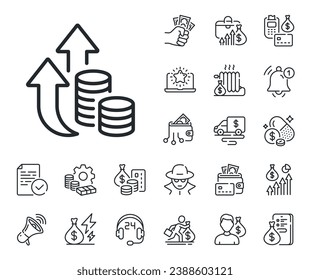 Signo de crecimiento o aumento de precios. Iconos en el esquema de dinero en efectivo, préstamos e hipotecas. Icono de línea de inflación. Cambiar el símbolo del dinero. Signo de la línea de inflación. Tarjeta de crédito, icono de cartera cripto. Vector