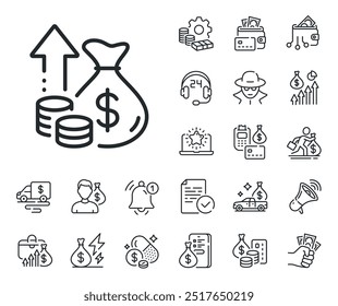 Signo de crecimiento o aumento del Precio. Dinero en efectivo, préstamos e iconos de esquema de hipoteca. Icono de línea de inflación. Cambie el símbolo del dinero. Signo de la línea de inflación. Tarjeta de crédito, icono de monedero cripto. Vector