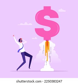 Growth increasing business revenue or profit, rising investment earning concept, businessman or investor with dollar money sign launch rocket booster high in sky