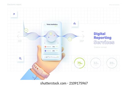 Growth indicators. The hand holds the phone. Mobile application for data analysis and accounting. File management. Electronic report. Vector illustration in 3d style