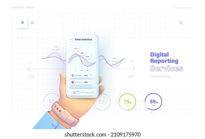 Growth Indicators. The Hand Holds The Phone. Mobile Application For Data Analysis And Accounting. File Management. Electronic Report. Vector Illustration In 3d Style