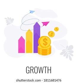 Growth infographics Icon. Growing trend. Graph and diagram of growth, increase in income. Growth and enrichment. Make money. Strategy, management and marketing. Flat vector illustration.