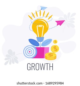 Growth infographics pictogram. Lamp as an idea, a potted plant. Financial performance indicators of company. Increasing profits. Strategy, management and marketing. Flat vector illustration.