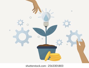 Growth Innovation Concept with water Light Bulb Plant and Coins. business illustration featuring hands nurturing a light bulb plant with water drop representing innovation and water conservation
