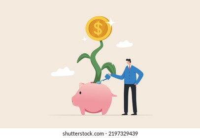 Growth Investing Is An Investment Or Income. Strategies And Techniques Across Asset Types.  Success In Wealth Management. 
Businessmen, Investors Water The Money Planted From The Piggy Bank.