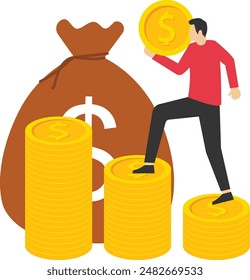 Growth Investment Concept, investment concept, proud business standing on coin money. finance, income growth, analyst, finance, economy, investors, reports, vector flat illustration