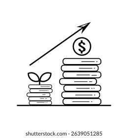 Growth Investment Icon – Stacked Coins with Arrow and Dollar Symbol. Minimalist black and white line art illustration showing financial growth.