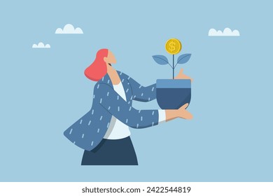 Growth of investment profit, Interest or return on savings, Personal finance management concept, Female investor with potted money plant growing and issuing coins. Vector design illustration.