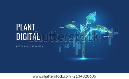 Growth of investment is represented in the seedling against the background of the chart. Startup financial projections vector illustration in futuristic polygonal style