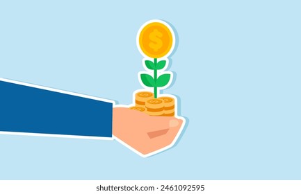 Growth in investments, prosperity or enhanced earnings from savings, mutual funds, or profit-making opportunities, concept of businessman investor's hand holds a money flower growing from a pile coins