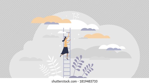 Growth ladder with stair steps as development progress tiny persons concept. Business and career rise symbol as opportunity to achieve target vector illustration. Climbing to top for challenge goal.