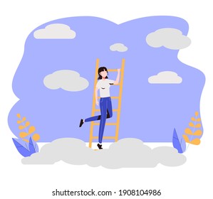 Growth ladder with stair steps as development progress tiny persons concept. Business and career rise symbol as opportunity to achieve target vector illustration. Climbing to top for challenge goal.