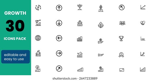 Conjunto de ícones editáveis da linha de crescimento. Ilustração vetorial no estilo de linha fina moderna de ícones de progresso: sucesso, aumento, evolução e outros. Pictogramas e infográficos para aplicativos móveis.