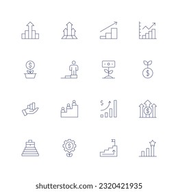 Growth line icon set. Editable stroke. Thin line icon. Containing increase, statistics, steps, growth, line graph, trading, training, investment, plant, development, financial profit, start up, goal.