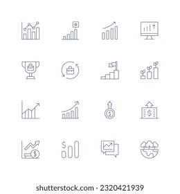 Growth line icon set. Editable stroke. Thin line icon. Containing bar chart, bar graph, career, chart, diagram, dollar coin, earnings, graph, graphs, grow.