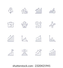 Growth line icon set. Editable stroke. Thin line icon. Containing agriculture, arrows up, bar chart, business, statistics, career, diagram, goal, graph.