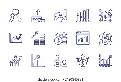 Juego de iconos de línea de crecimiento. Trazo editable. Ilustración vectorial. Con especulación, beneficios, coexistencia, monedas, estadísticas, informe financiero, gráfico de barras, dinero, estadísticas, referencia, ingresos, diagrama.