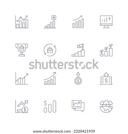 Growth line icon set. Editable stroke. Thin line icon. Containing bar chart, bar graph, career, chart, diagram, dollar coin, earnings, graph, graphs, grow.
