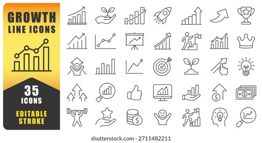 El Conjunto De Íconos De La Línea De Crecimiento Presenta 35 Símbolos Modernos Y Limpios Diseñados Para Ilustrar El Progreso, El Éxito Y El Desarrollo En Proyectos De Negocios, Finanzas Y Estrategia Con Un Estilo De Profesional Mínimo. 
