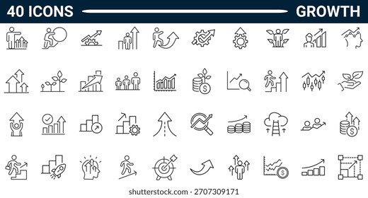 Conjunto de iconos de línea de crecimiento. Incluye crecimiento profesional, personal, financiero, progreso, carrera, flechas hacia arriba, objetivo, desarrollo. Trazo editable. Ilustración vectorial.