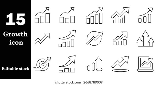 growth line icon set vector on white background.  business, chart, graph, diagram, finance, financial, data, analysis, market, success, investment, arrow, progress, symbol. 